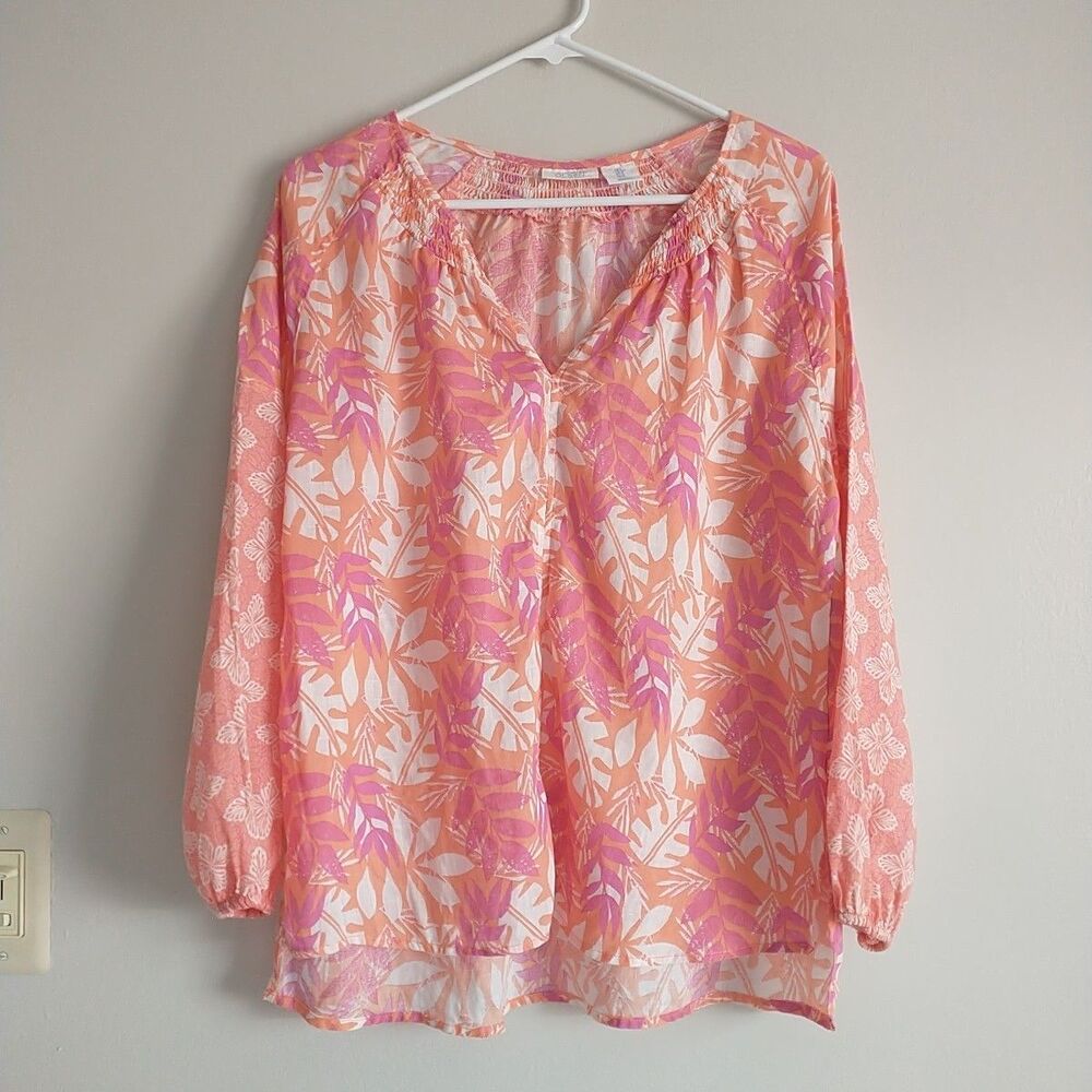 Sigrid Olsen Top Popover Tunic Women S/M/L*Pink Orange Floral 100%Linen Oversize